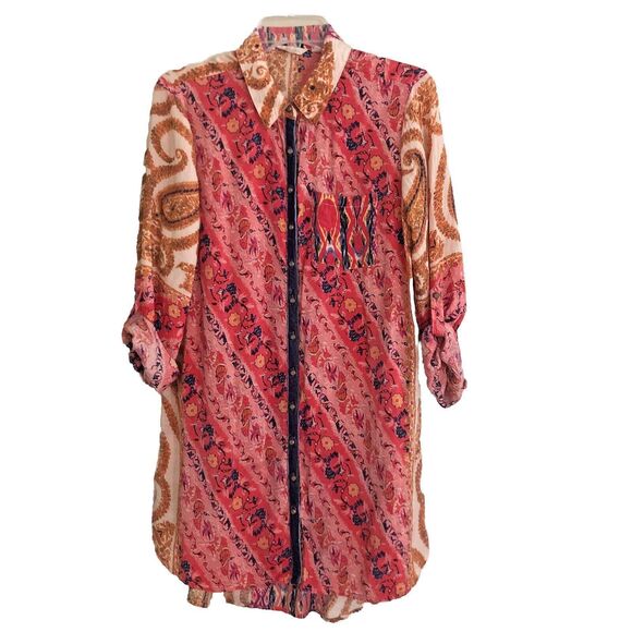 Soft Surrounding Brynn Tunic Blouse Womens Size S Silk Boho Indie Velvet Trim - Picture 1 of 16